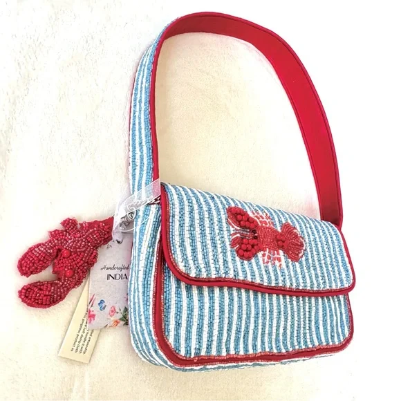 Viral Beaded Light Blue & White Striped Lobster Bag w/ Beaded Lobster Bag Charm - Picture 6 of 15
